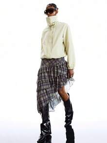 LYSMO Women's Casual Fashion Street Collegiate Style Patterned Print Low Waist Asymmetrical Ruffled Hem Mini Skirt - Purple - View 6