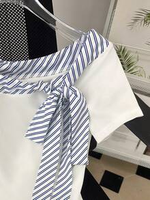 GlowEve 女士时尚条纹拼接浪漫优雅休闲通勤约会派对用餐长袖T恤，春夏款 - 彩色 - 查看 3