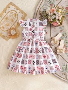 SHEIN Tween Girl White Summer Boho Floral Print Dress, Tween Girl Button Front Cutout Collar Ruffle Hem Vintage Casual Dress For Vacation, Holiday Easter Clothes - White - View 6