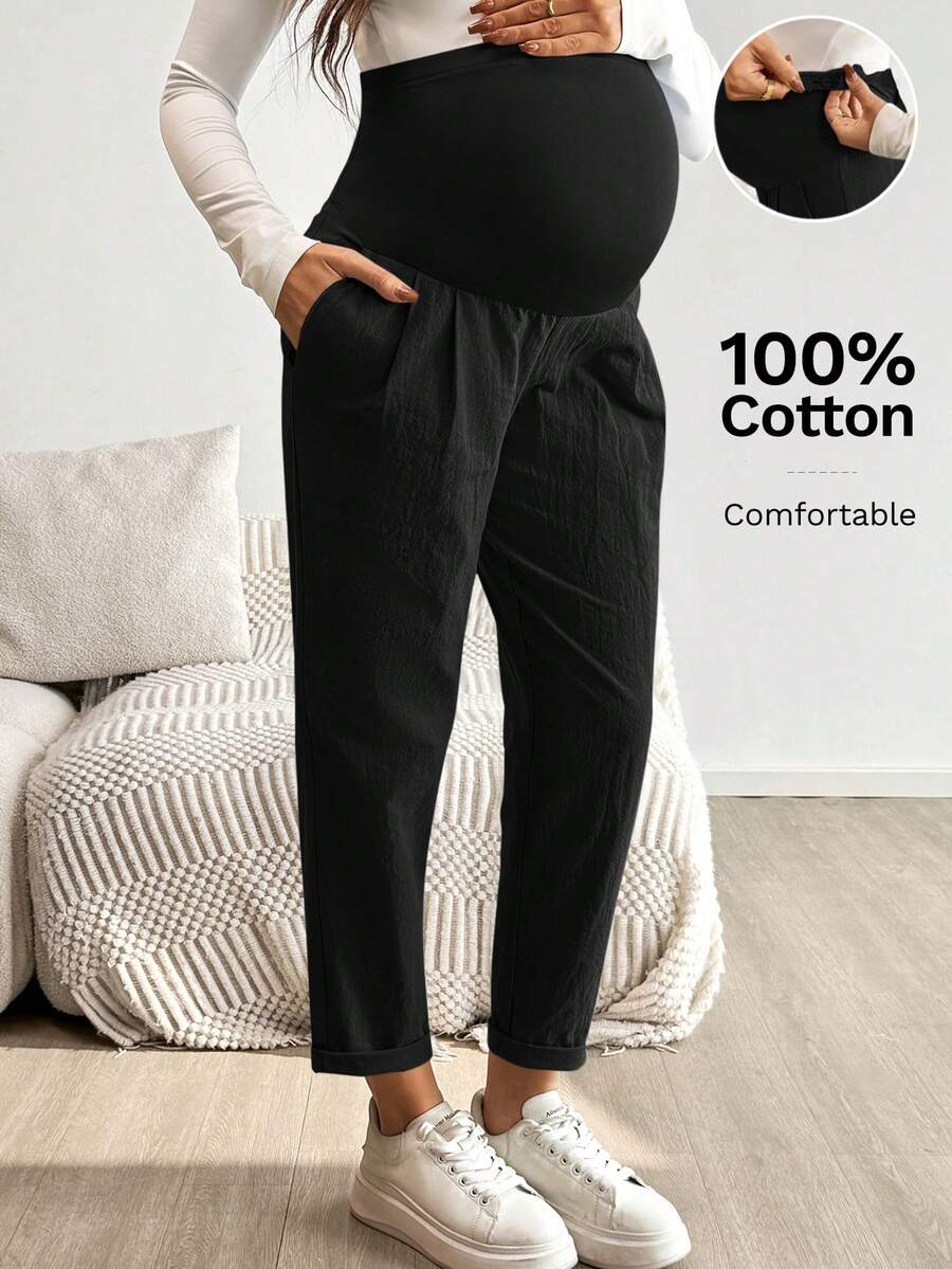 SHEIN Maternity Casual Solid Color Adjustable Waist Pants - Black - View 1