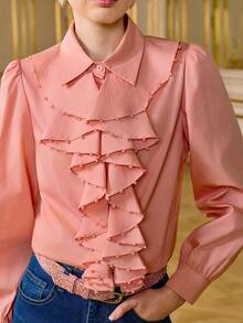 LOTSLUV Women's Pink Long Sleeve Shirt With Multi-Layer Ruffle Hem And Pearl Embellishment - Pink - View 3