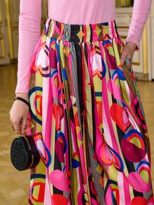 LOTSLUV Women's Valentine's Day, Heart Abstract Placement Print, Elastic Waist Ruched Balloon Leg Print Pants - Multicolor - View 7