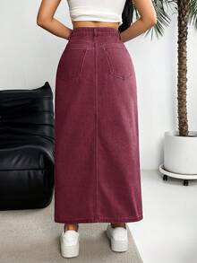 EMERY ROSE Chân váy xẻ tà bằng vải denim mài bạc màu kiểu dáng thường ngày - Màu Đỏ Sâu - Xem 2