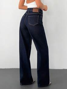 100% Cotton Casual High Waist Straight Leg Women's Jeans - Dark Wash - View 2