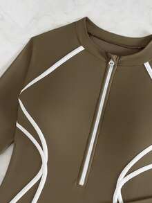 Swim SPRTY 女士多色拼接长袖拉链连体泳衣 - 軍綠色 - 查看 6