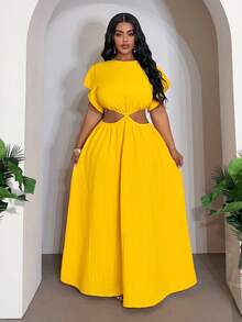 Veslaya 2026 Spring/Summer Plus Size Women's Music Festival, Easter, Western, Nomadic, Birthday Party, Graduation, College, Student, Daily Casual, Basic, Leisure, Vacation, Cruise Travel, Beach, Sunbathing, Trending, Streetwear, Wedding Guest, Commute, Brunch, Airport, Party, Holiday Outing, Elegant Gala, Ball, Casual, High-End Elegant Yellow Crinkle Cutout Waist Round Neck Short Sleeve A-Line Dress, Women Plus Size Dress - Yellow - View 7