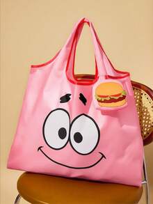 SpongeBob SquarePants | SHEIN 1个可爱卡通人物印花可折叠购物袋/手提袋，带小收纳袋和可挂在袋子上的珠链，蟹黄堡图案，粉色，可爱，卡哇伊 - 粉色 - 查看 5