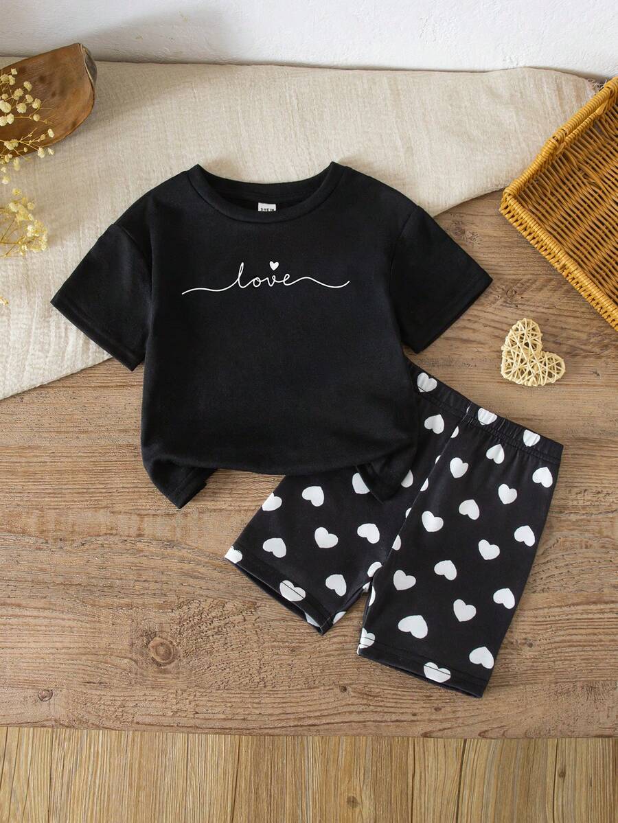 SHEIN LMoss Kids 2-Piece Cute Baby Girl Casual Black T-Shirt And Heart All-Over Print Shorts Set,Summer Family Matching Outfit,Knitted Stretch Princess Clothes - Black - View 1
