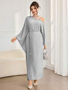 Al Najma Women's Solid Color Oblique Shoulder Long Sleeve Slit Waist Elegant Arabic Dress - Light Grey - View 3