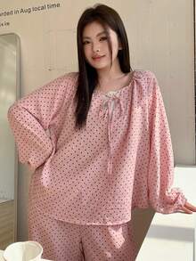 Dazy Plus 两件套可爱撞色蕾丝宽松上衣长裤睡衣套装，粉色，春夏款 - 粉色 - 查看 8