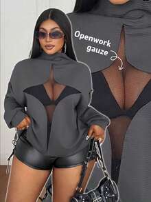 Maweii Plus Size Women Casual Contrast Mesh Raglan T-Shirt, Autumn - Grey - View 1