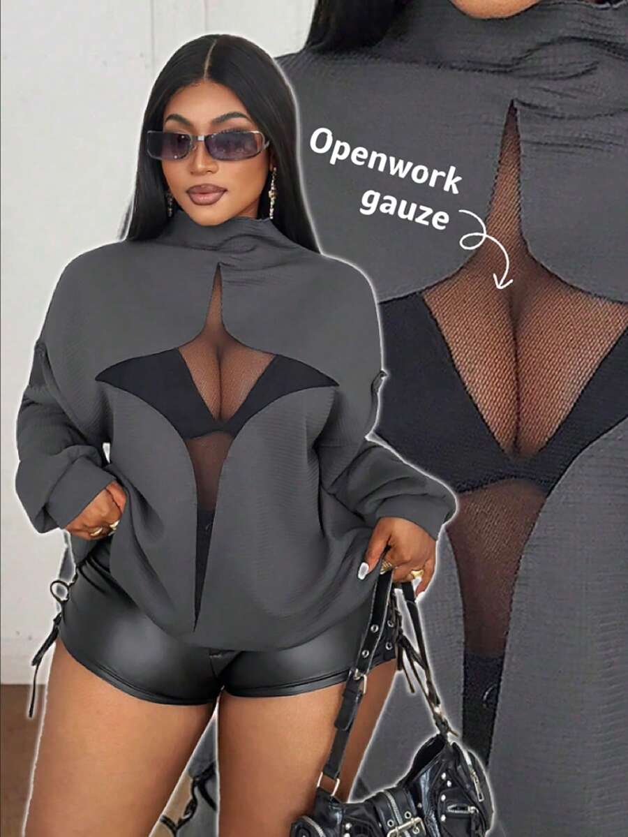 Maweii Plus Size Women Casual Contrast Mesh Raglan T-Shirt, Autumn - Grey - View 1