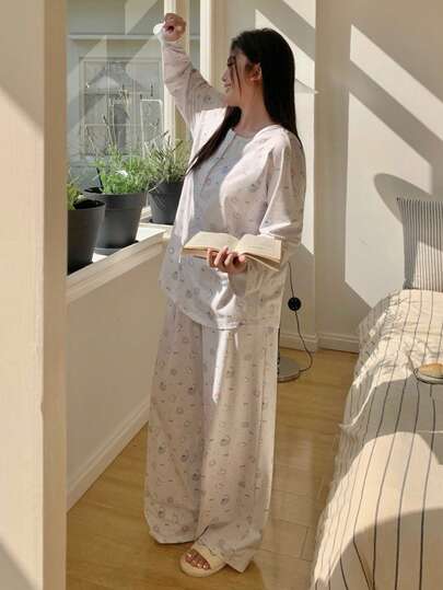 Dazy Plus Conjunto de pijama de talla grande para mujer con estampado de corazón, botones y manga larga