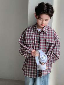 DAZY Tween Boy Casual Fashion Street Daily Commute School Style Patterned Print Flap Pocket Cargo Shirt, Spring/Autumn - Red - View 6