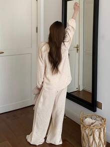 DAZY Polka Dot Print Loose Lantern Sleeve Women Pajama Set, Soft Crepe Fabric - Beige - View 2