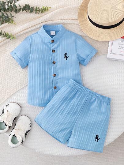 SHEIN Playful Pals 0-3 Years Old Toddler Boys Dinosaur Cartoon Print Short Sleeve T-Shirt + Shorts Set, Suitable For Indoor, Outdoor, Daily Wear, Sports, Play, Party, Photo Shoot, Holiday Occasions, Fits 3 Months To 24 Months Baby Boys Clothing