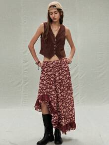 SoleilVie Women's Burgundy Floral Patchwork Lace Asymmetrical Hem Long Skirt,Summer Boho Vacation Style Western Free People Floral Print Skirts - Red - View 3