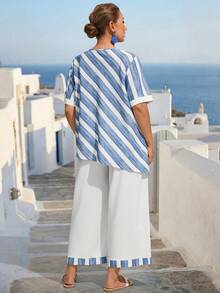 EMERY ROSE Plus Size Women Loose Casual Round Neck Short Sleeve Faux Linen Bamboo Striped Print Contrast Color Casual 2-Piece Set, Spring/Summer - Blue and White - View 2