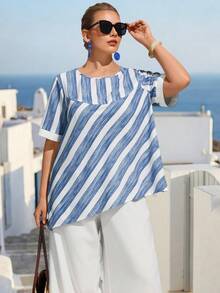 EMERY ROSE Plus Size Women Loose Casual Round Neck Short Sleeve Faux Linen Bamboo Striped Print Contrast Color Casual 2-Piece Set, Spring/Summer - Blue and White - View 4