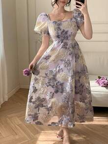 DAZY Women's Square Neck Short Sleeve Textured Fabric Printed Elegant Long Dress - Multicolor - View 2