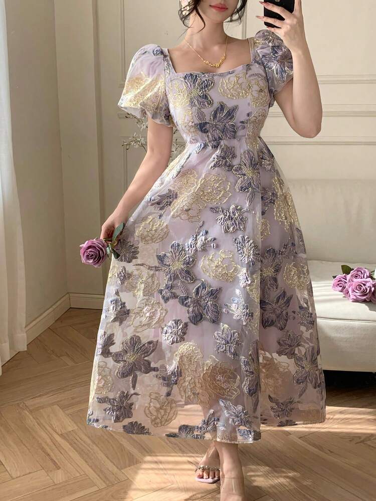 Women's Square Neck Short Sleeve Textured Fabric Printed Elegant Long Dress Sundress