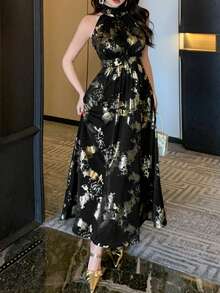 DAZY 女士无袖印花面料收腰优雅中长连衣裙夏季长裙 - 黑色 - 查看 6