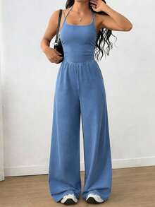 SHEIN Bộ áo liền quần denim ống rộng dáng suông thoải mái dành cho nữ - Màu xanh lam - Xem 6