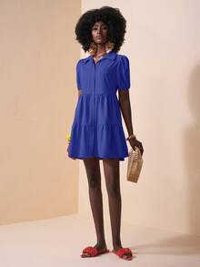 Slaydiva Vestido suelto con volantes, de manga abullonada y abertura frontal, para vacaciones - Azul - Ver 4