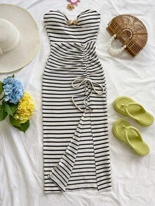 Soleia 新款优雅度假风无肩带贝壳扭结抽绳开衩长裙，春夏款 - 彩色 - 查看 5