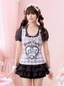 ROMWE Kawaii Women's Cute Lolita Style Patchwork Polka Dot Lace Trim Cat Print Plaid Blouse - Pink - View 1