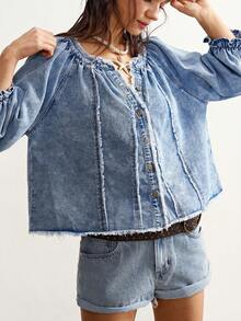 Bohemela Women's Casual Fashionable Street Snap Collar Ruffle Sleeve Raw Edge Loose Denim Blouse, Summer - Light Wash - View 5