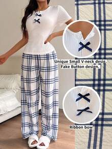 Dream Adore 女士泡泡纹理格纹印花睡衣套装 - 罗纹上衣和裤子 - 白色 - 查看 2