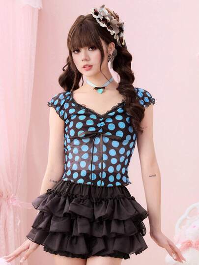 ROMWE Kawaii Färgglad Polka Dot Doll Sleeve Damlinne