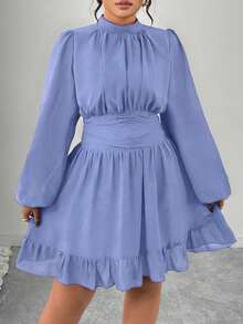 Elenzga 大码女士优雅派对藏蓝色立领荷叶边长袖修身中长连衣裙 - 藍色 - 查看 5