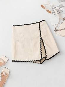 EMERY ROSE Women's Elegant Cream Textured Contrast Trim Regular Waist High Slit Shorts Skirt, Spring/Summer - Apricot - View 7