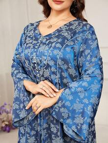 Al Najma 优雅提花撞色喇叭袖开衩下摆飘逸连衣裙，显瘦，春夏款 - 彩色 - 查看 2