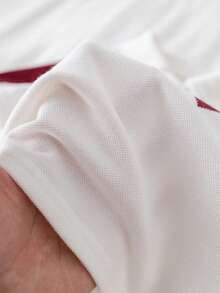 SHEIN 2pcs/Set Baby BoyCasual Versatile Argyle Pattern Short Sleeve Polo Shirt And Red Pants Outfit, Spring/Summer - Red - View 7