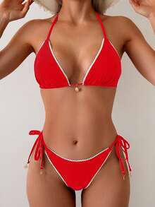 Swim Vcay 两件套女士极简性感蕾丝边三角比基尼套装，带挂脖系带 - 紅色 - 查看 5