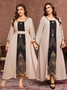 Al Najma Plus Size Women's Elegant Embroidered Patchwork Long Loose Dress, Suitable For Spring And Autumn - Apricot - View 1