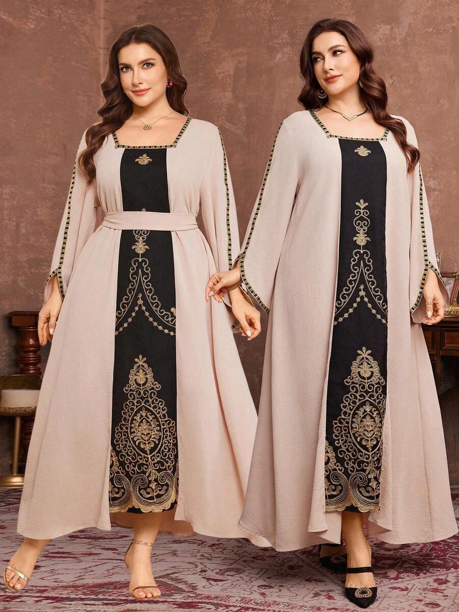 Al Najma Plus Size Women's Elegant Embroidered Patchwork Long Loose Dress, Suitable For Spring And Autumn - Apricot - View 1