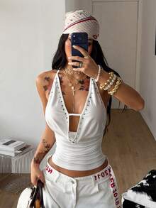 Coolane Women's Spring/Summer Concert Streetwear Chic Y2K Casual Party Country Concert Stretchy Cowl Neck Halter Top - White - View 3