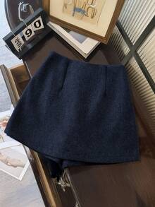 Franclia Double Layer Split Hem Wool-Blend A-Line Skort, Thick And Modest - Navy Blue - View 4