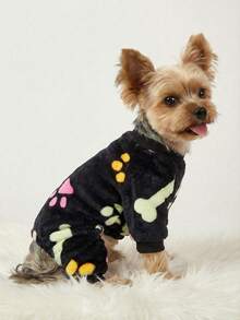 PETSIN 1件宠物狗/猫黑色爪印骨头图案抓绒连体衣，冬季保暖 - 彩色 - 查看 3