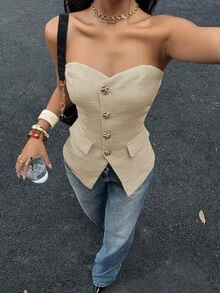 Siren Gaze 女士新款加厚粗花呢抹胸上衣，秋冬款 - 卡其色 - 查看 5