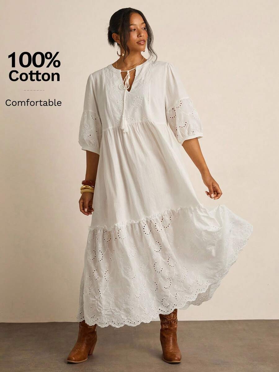 Freevana Plus Size Women V-Neck Fringed Rope & Embroidered Textured A-Line Holiday Dress, White Long Dress, Guest Attire For Wedding, Romantic Bohemian Beach Dress,Graduation Dresses For Women Wedding Guest Dress Women Summer Boho Women Clothing Brunch Outfits For Women Airport Outfit For Women Beach Vacation Outfits City Break Outfits Holiday Outfits White Dresses For Women Women Mini Dresses Western Dresses For Women Woman Dress Women Dresses Party Woman Easter Dress White Dresses Classy - White - View 1