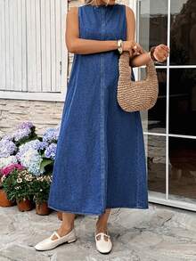SHEIN Maternity Casual Round Neck Loose Sleeveless Denim Dress, Summer - Blue - View 6