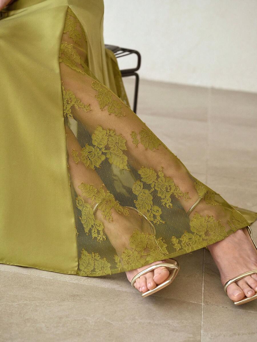 MOTF PREMIUM 优雅简约撞色蕾丝吊带连衣裙，适合通勤，春夏皆宜 - 綠色 - 查看 2