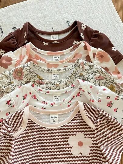 SHEIN LMoss Kids 新生女宝宝可爱休闲针织印花短袖连体衣，多种颜色可选，适合夏季穿着