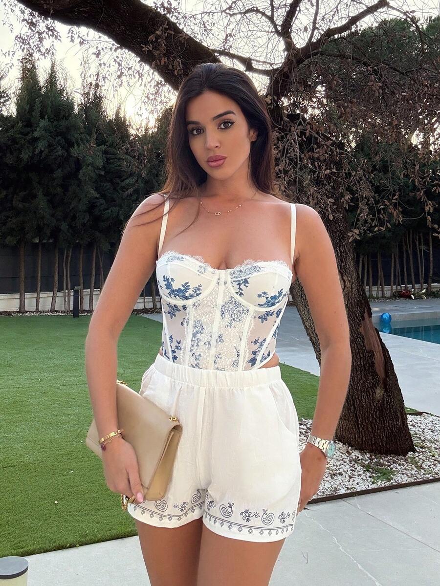 Maca Silvats 女士节日蓝白印花蕾丝边紧身胸衣上衣，塑身吊带背心，适合派对、情人节、约会、下午茶、海滩、游轮、狂欢节、春夏 - 藍白色 - 查看 1