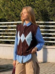 MainGRL Diamond Plaid Knit Vest Sweater For Women, Spring - Multicolor - View 4